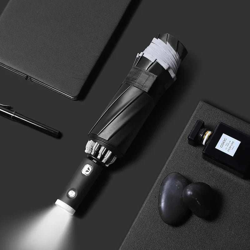 Fully Automatic Umbrella with Flashlight Female Male Luxury Business Windproof Umbrellas Rain Anti-UV Parasol Household Outdoor